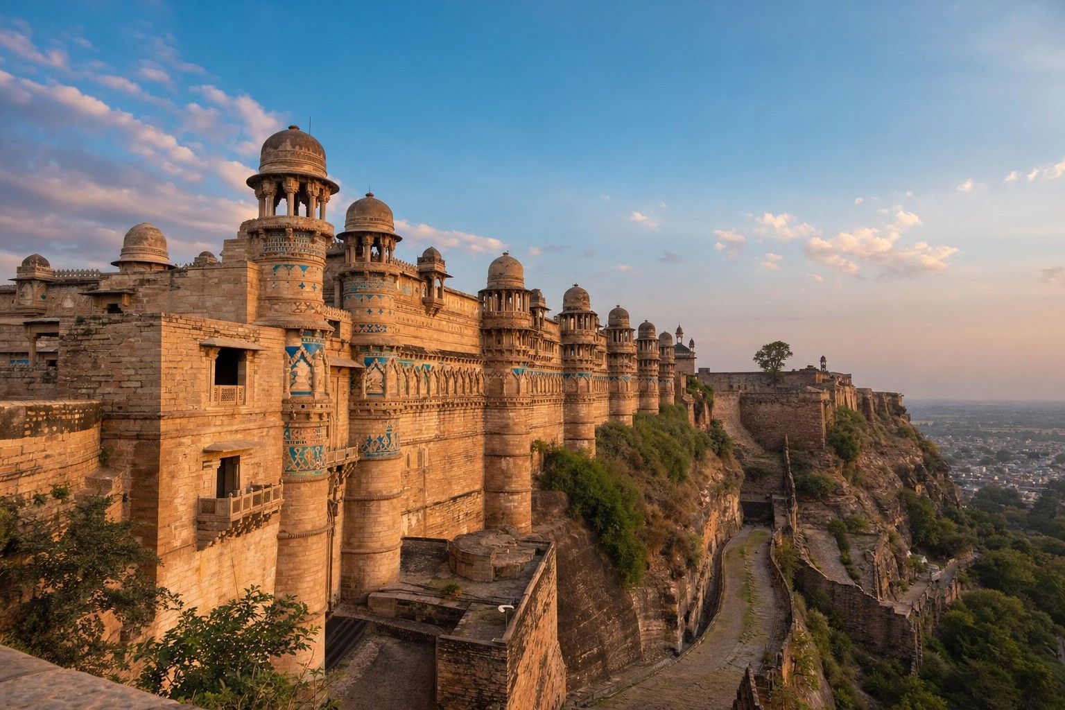 Gwalior Fort’s Man Mandir Palace on its sandstone hill at golden hour