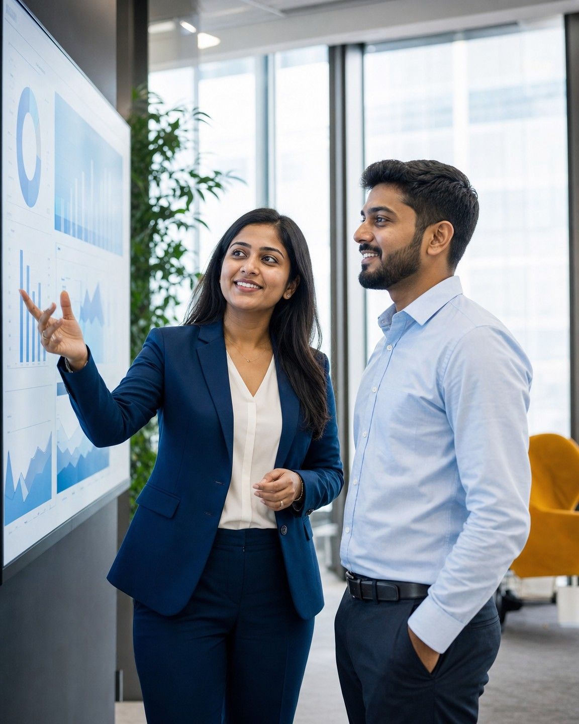 Two software professionals discussing an analytics dashboard on a large screen in a bright office