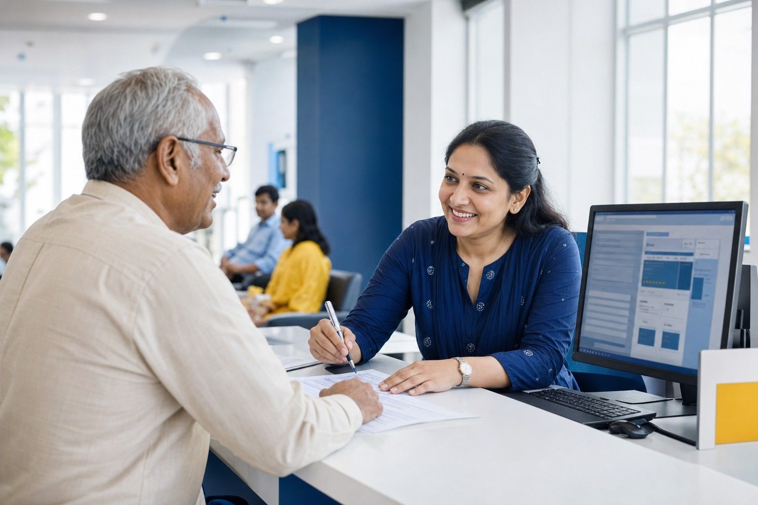 A municipal officer at a service-centre counter helping an elderly citizen