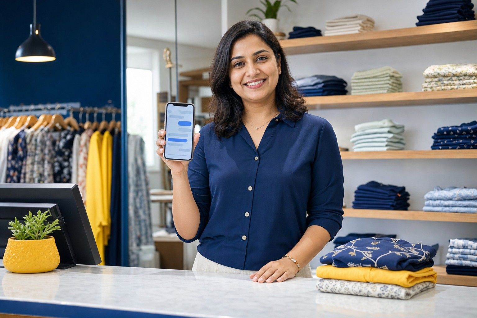 A boutique owner smiling at a chat conversation on her smartphone in her clothing store