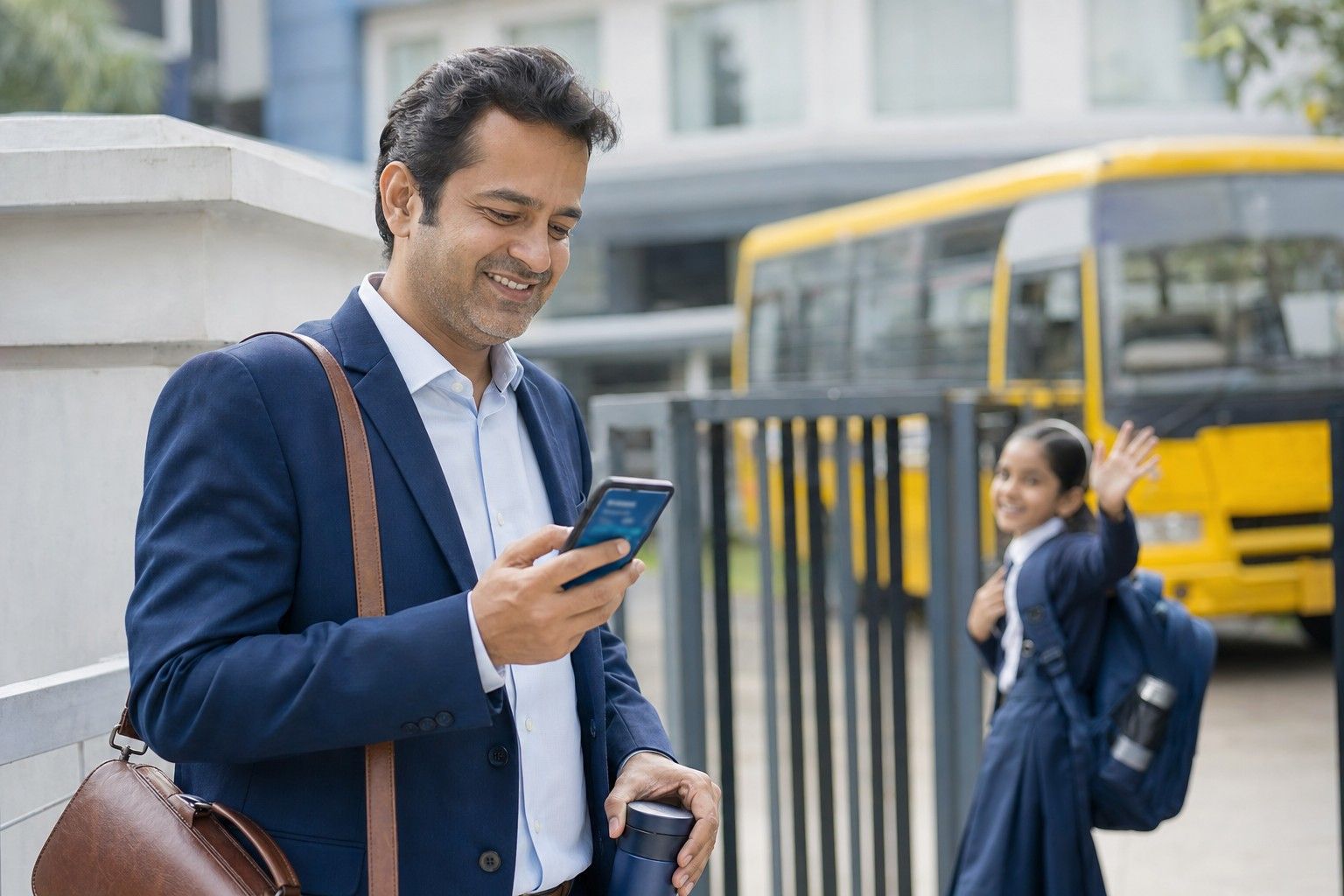 A father reading a phone notification as his daughter waves goodbye at the school gate