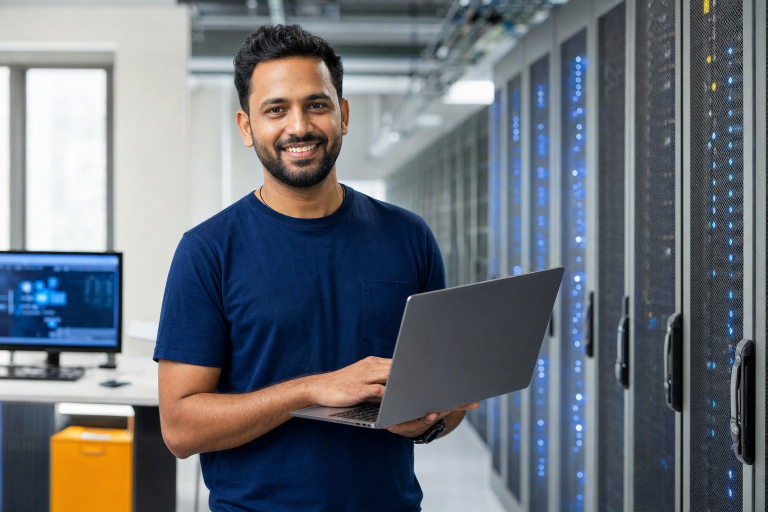 A DevOps engineer holding a laptop in a server room lined with racks