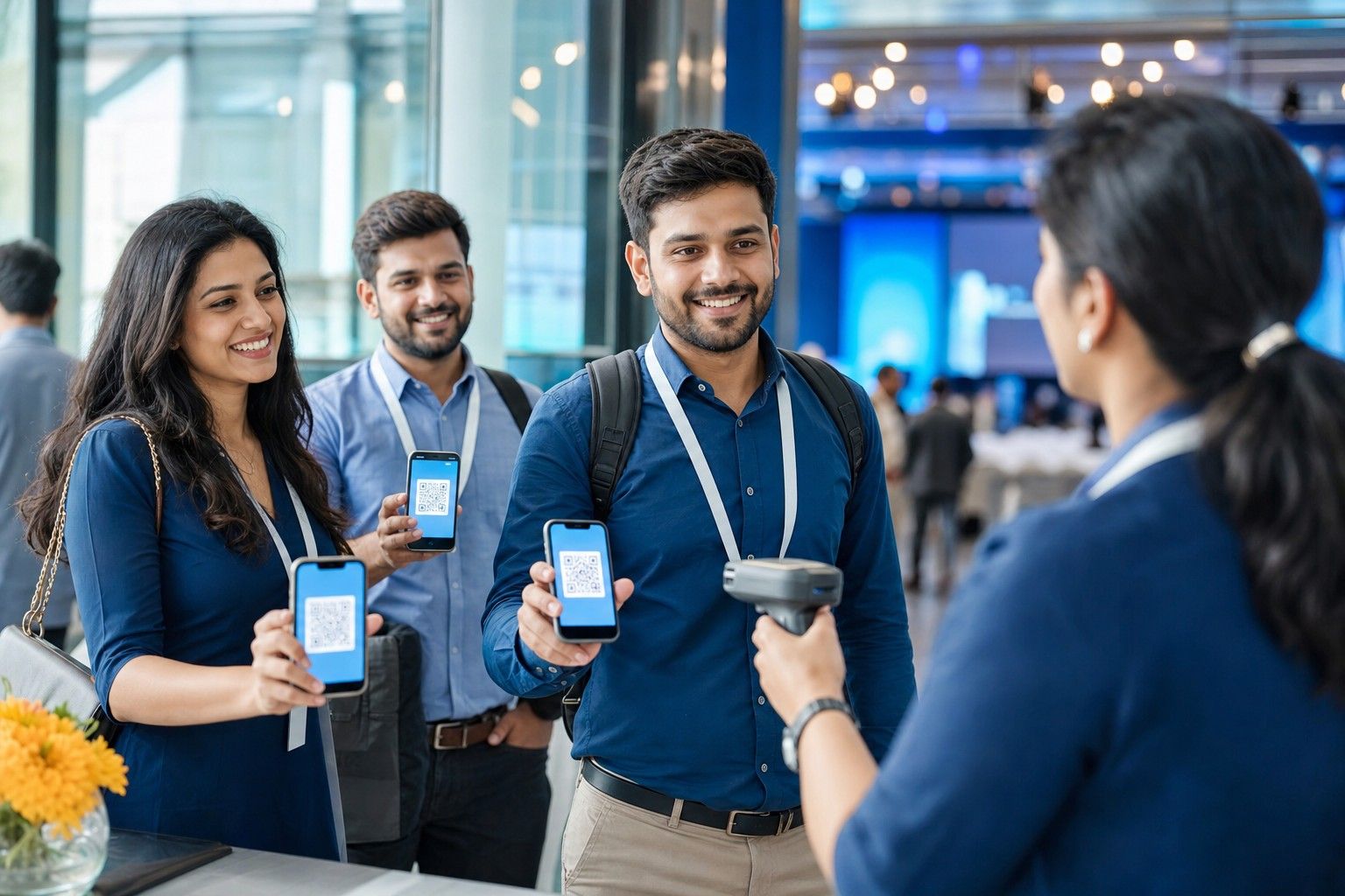 Conference attendees showing ticket codes on their phones to a volunteer with a scanner