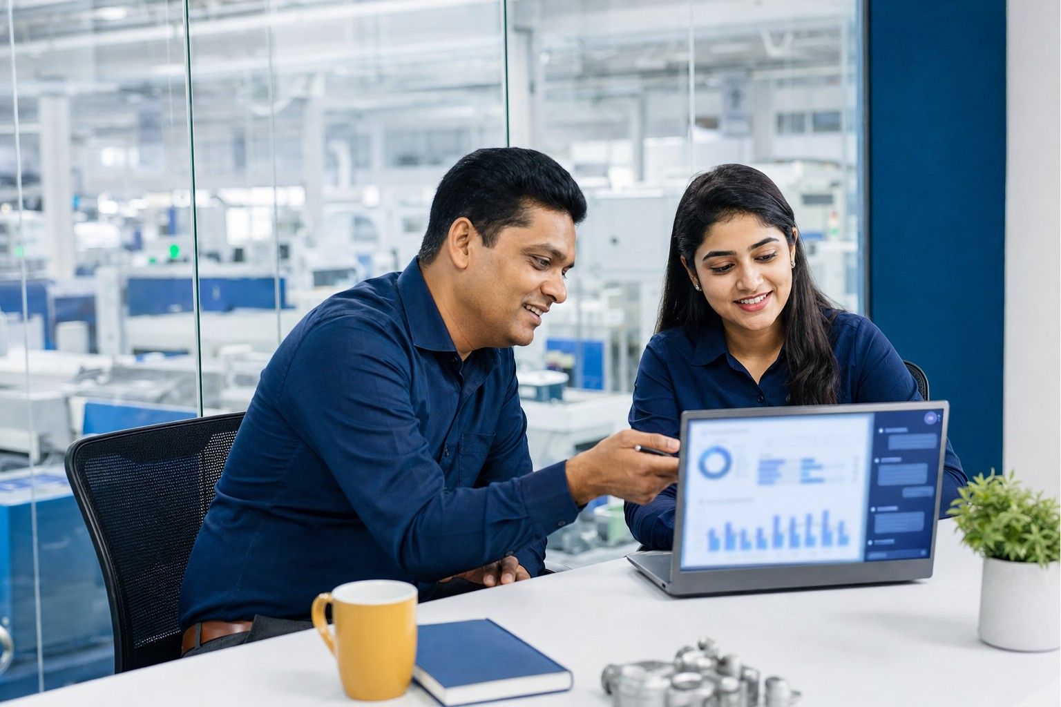 An operations manager and a software engineer reviewing a business dashboard with an AI assistant panel, beside a factory floor