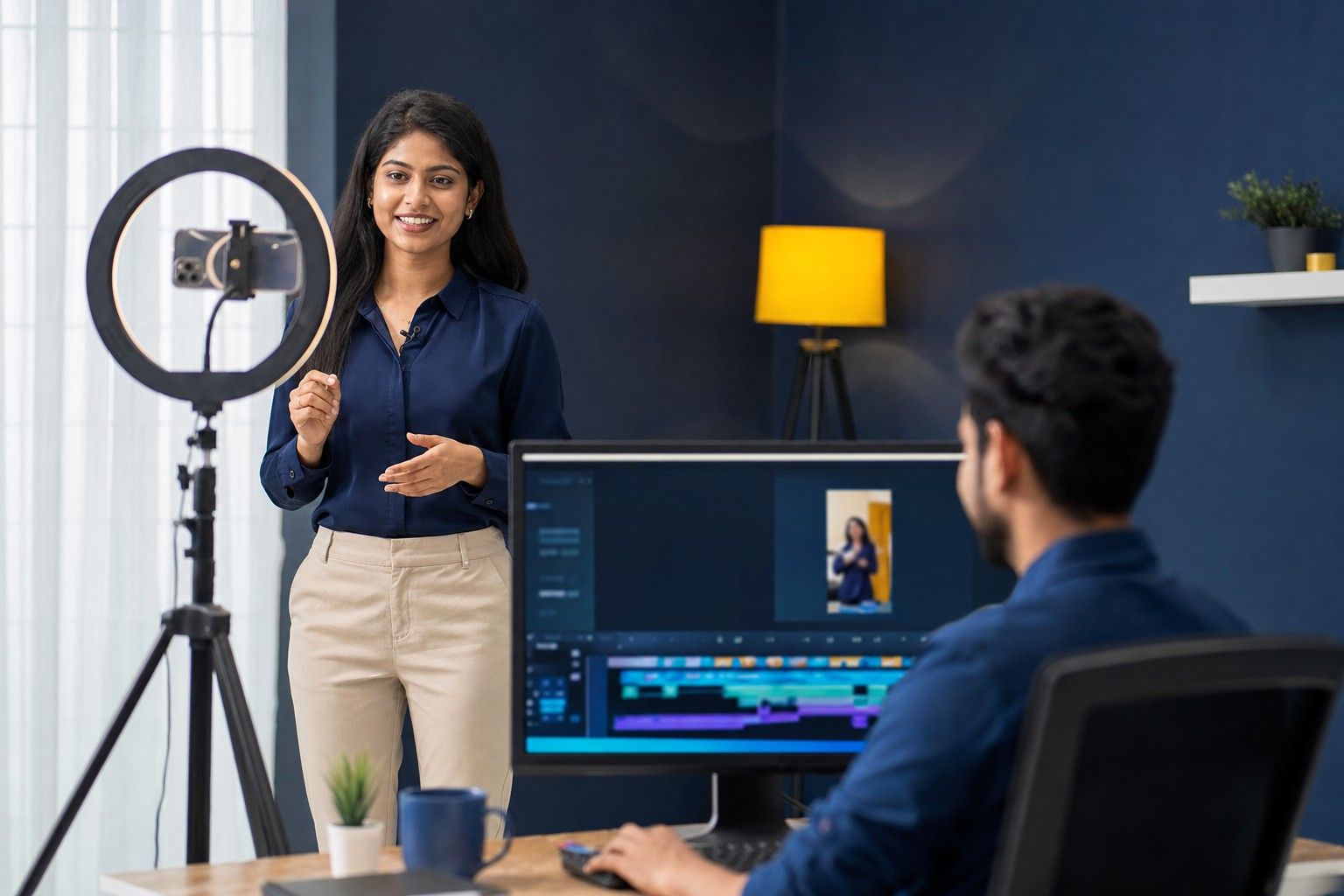 A creator presenting to a camera under a ring light while an editor works on a video timeline