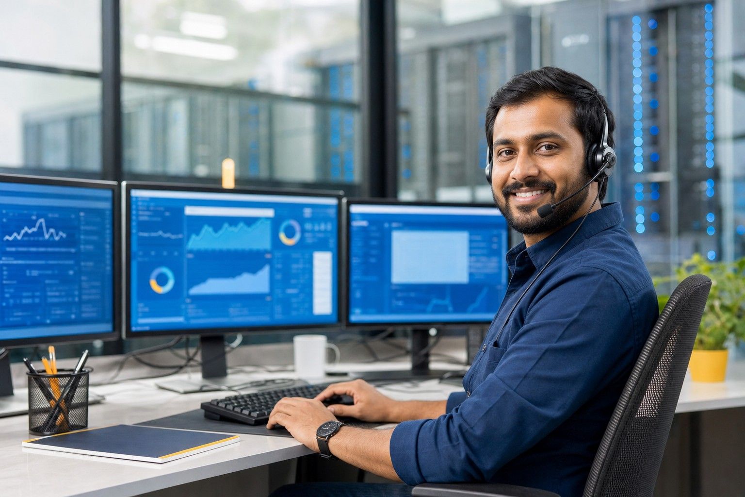 An IT support engineer with a headset at a monitoring desk, with a server room behind the glass