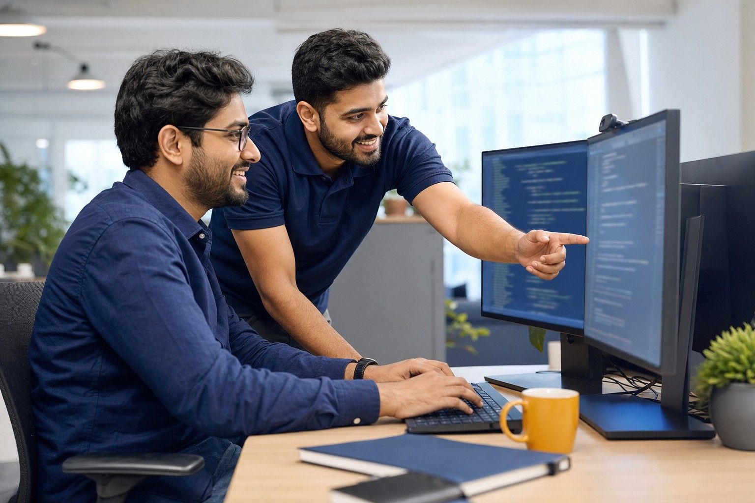 Two software developers pair-programming at a desk with two monitors of code