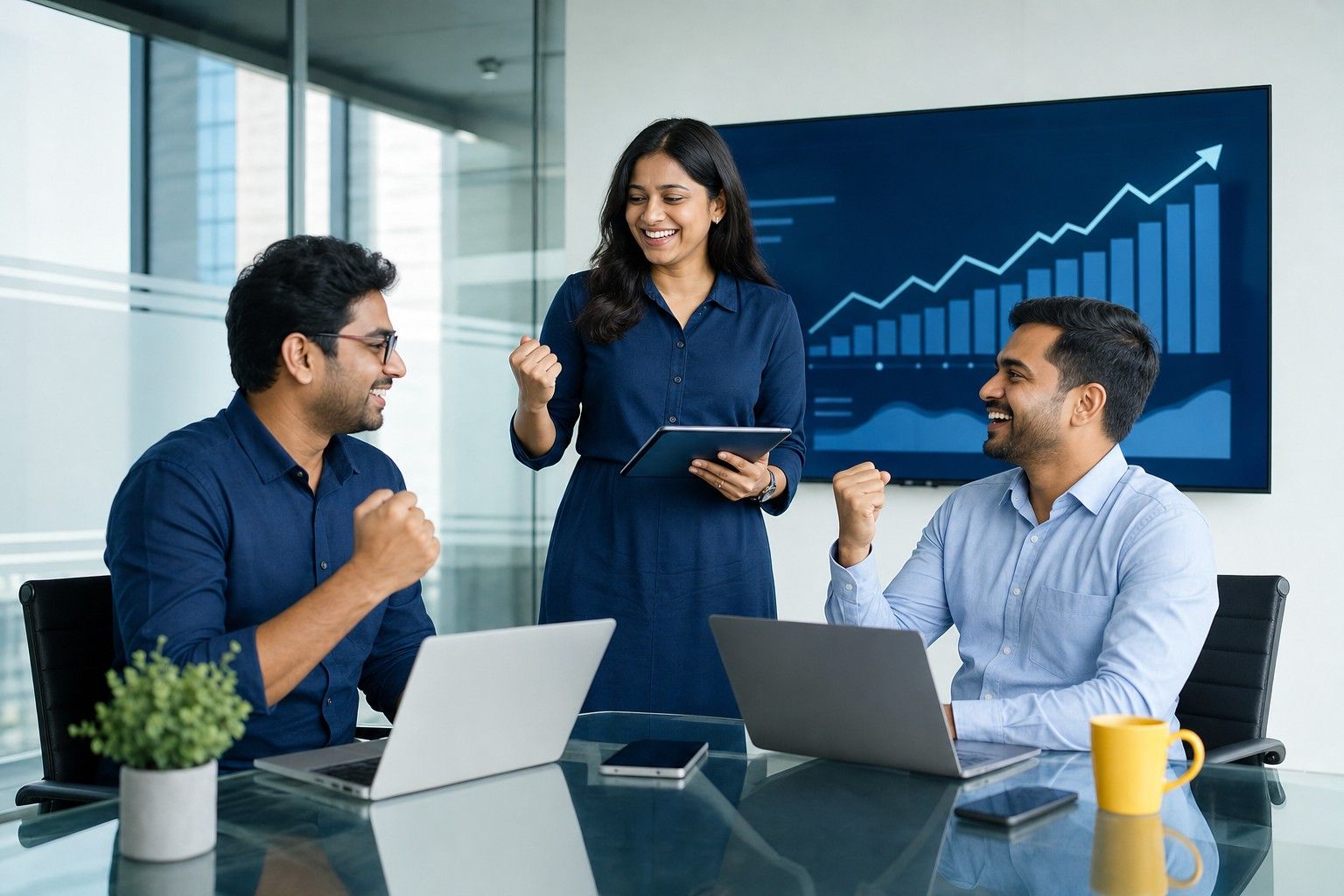 A marketing team celebrating in a meeting room in front of rising growth charts
