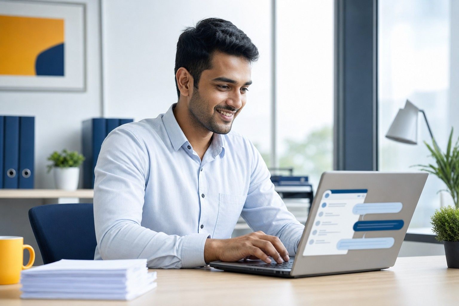 A professional finding an answer in a chat-style knowledge assistant on his laptop