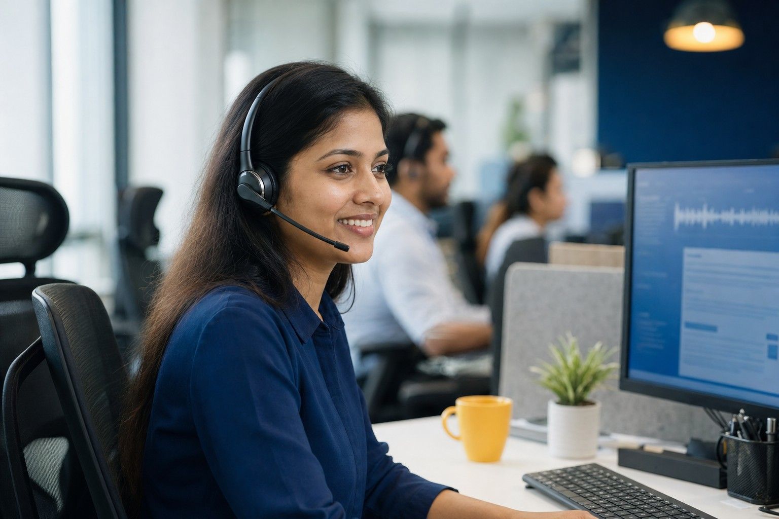 A smiling helpline agent with a headset speaking to a caller, a voice waveform on her monitor